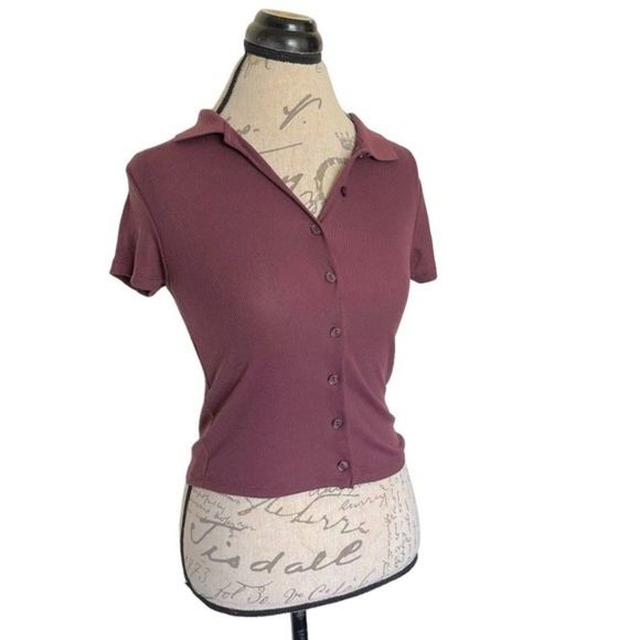 Pink Rose Womens Ribbed Short Sleeve Cropped Top Blouse Collar Button Size Small - Picture 3 of 12